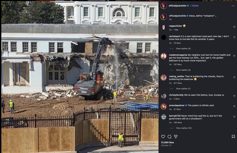 Jack White shares a photo of the White House demolition on Instagram.