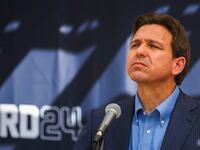 Ron DeSantis stares forward while speaking at a barbecue in New Hampshire.