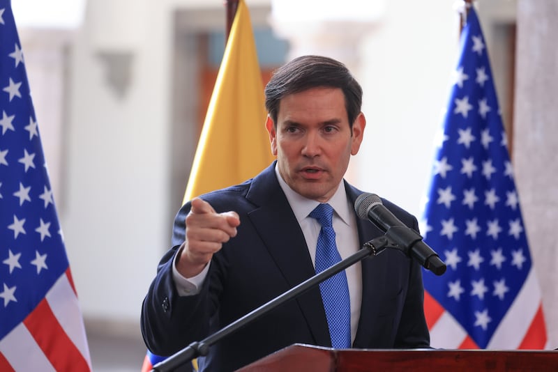 Secretary of State Marco Rubio speaks during a press conference at Palacio de Carondelet on September 4, 2025 in Quito, Ecuador.