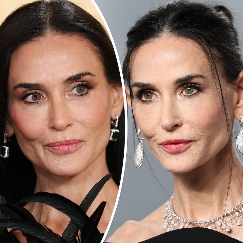 Demi Moore at the Academy Awards red carpet vs. the Vanity Fair Oscar Party gray carpet