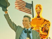 A photo illustration of Cillian Murphy in Oppenheimer waving his hat in a cheer in front of a huge Oscar statue