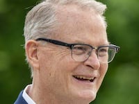 Adam Hamilton, senior pastor of the United Methodist Church of the Resurrection, smiles as he speaks to a reporter after delivering his remarks announcing his run for U.S. Senate at Harmon Park on Thursday, April 30, 2026, in Prairie Village, Kan. (Emily Curiel/The Kansas City Star/Tribune News Service via Getty Images)