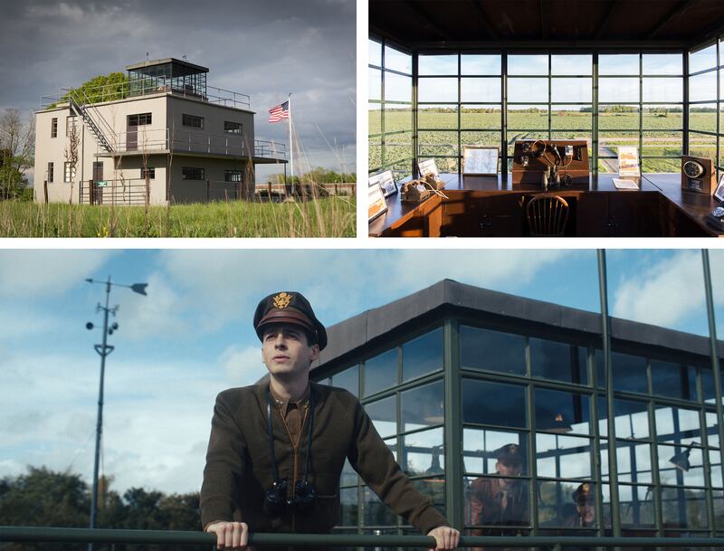 A triptych of photos that show the real Thorpe Abbotts and a still from 'Masters of the Air'