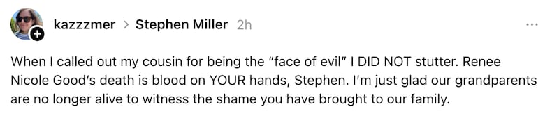 Alisa Kasmer Threads post about her cousin Stephen Miller