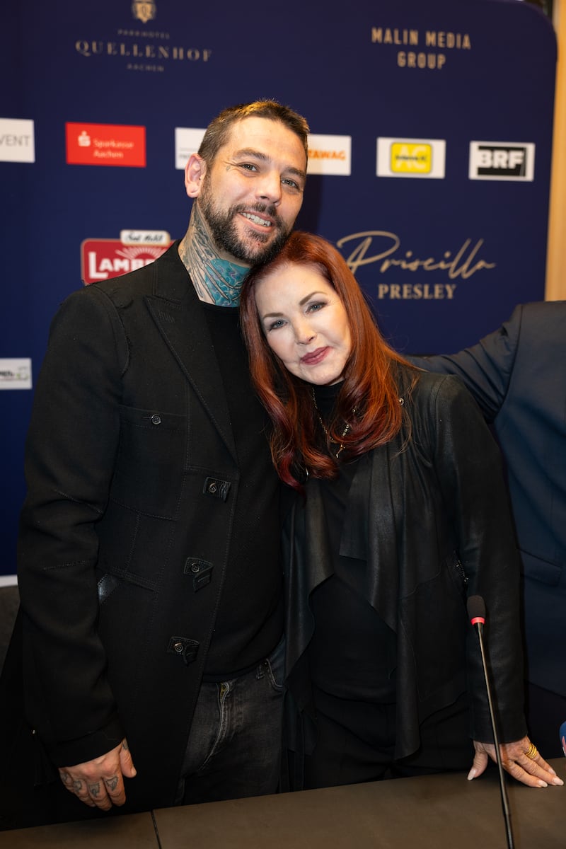 BAESWEILER, GERMANY - OCTOBER 20: Priscilla Presley and her son Navarone Garibaldi Garcia attend a visit to Baesweiler on October 20, 2026 in Baesweiler, Germany. (Photo by Andreas Rentz/Getty Images)