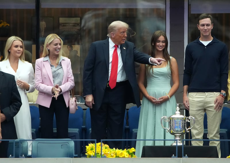NEW YORK, NEW YORK - SEPTEMBER 07: (L-R) White House press secretary Karoline Leavitt, U.S. Attorney General Pam Bondi, U.S. President Donald Trump, Arabella Kushner and Jared Kushner listen to the singing of the National Anthem before the start of the U.S. Open men's singles final at the Billie Jean King National Tennis Center for the U.S. Open finals on September 7, 2025 in New York City. President Trump is attending the U.S. Open men’s singles final between Carlos Alcaraz and Jannik Sinner. (Photo by Kevin Dietsch/Getty Images)