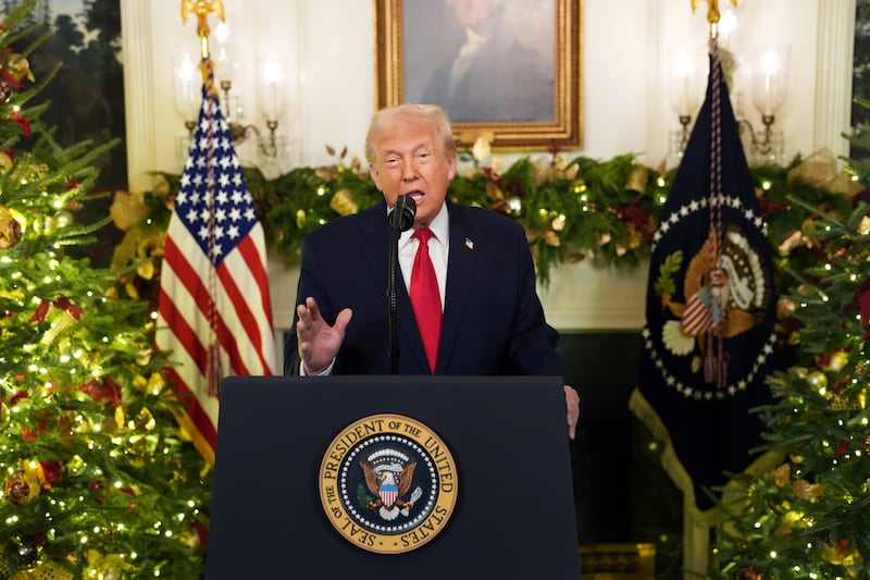 President Donald Trump addresses the nation from the Diplomatic Room of the White House on December 17, 2025 in Washington, DC.