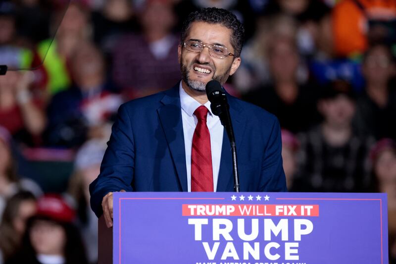 Democratic Muslim Mayor Amer Ghalib of Hamtramck, Michigan speaks before former US President and Republican presidential candidate Donald Trump holds his final campaign rally before election day at Van Andel Arena in Grand Rapids, Michigan on November 4, 2024. (Photo by JEFF KOWALSKY / AFP) (Photo by JEFF KOWALSKY/AFP via Getty Images)