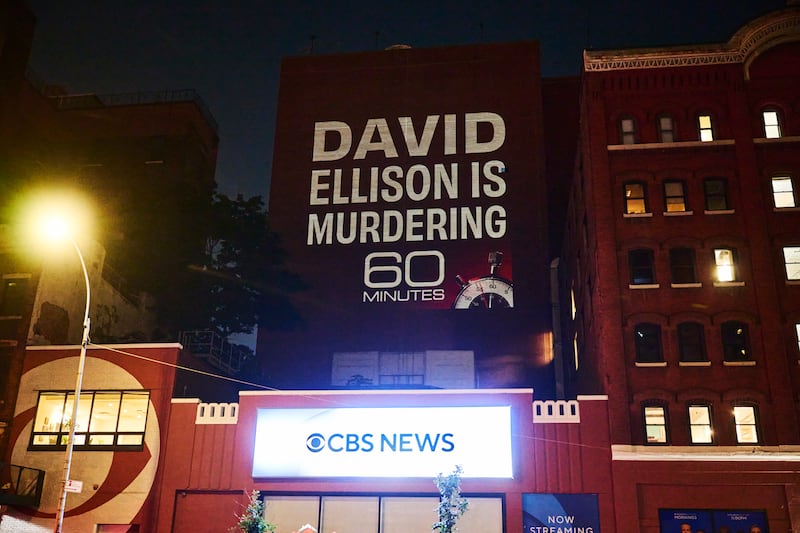 Protesters from the group Neighbors Against Mergers staged a mock “preview” of the new 60 Minutes season outside CBS’ Broadcast Center in New York in September.