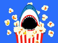 A photo illustration of a shark bursting out of a bag of popcorn