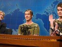 SATURDAY NIGHT LIVE 40TH ANNIVERSARY SPECIAL -- Pictured: (l-r) Jane Curtin, Edward Norton as Stefon, Bill Hader as Stefon during Weekend Update on February 15, 2015 -- (Photo by: Dana Edelson/NBCU Photo Bank/NBCUniversal via Getty Images via Getty Images)