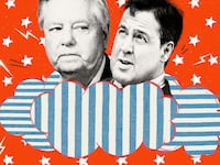 Lindsey Graham and Paul Dans behind blue and white striped clouds and a red and white star background