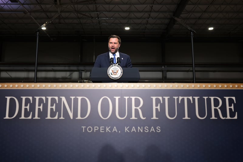 TOPEKA, KANSAS - OCTOBER 26: U.S. Vice President JD Vance speaks during a campaign rally at HME, Inc. on October 26, 2026 in Topeka, Kansas. Vance is traveling to Montana and Kansas to campaign for local Republican candidates ahead of the midterm elections. (Photo by Finn Gomez/Getty Images)