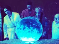 A photo illustration of the cast of Disney's The Haunted Mansion.