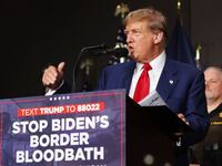 Former U.S. President Donald Trump speaks at a campaign event in Grand Rapids, Michigan.