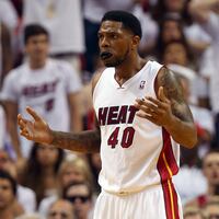 Udonis Haslem #40 of the Miami Heat reacts after a play against the Indiana Pacers during Game Three of the Eastern Conference Finals of the 2014 NBA Playoffs at American Airlines Arena on May 24, 2014 in Miami, Florida.
