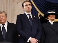 Viktor Knavs, Barron Trump and Melania Trump attend the inauguration of US President-elect Donald Trump in the Rotunda of the US Capitol on January 20, 2025 in Washington, DC.