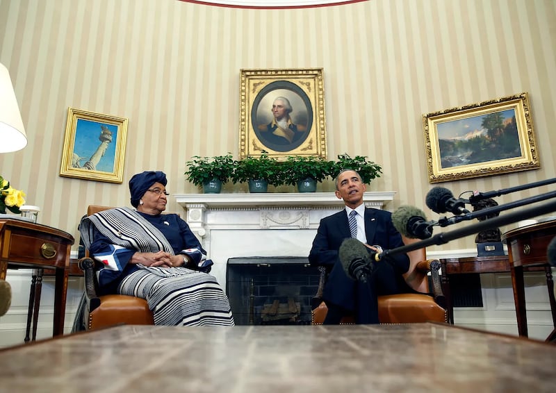 President Barack Obama hosts a meeting with Liberia’s Ellen Johnson Sirleaf in the Oval Office of the White House in Washington, D.C. on February 27, 2015.