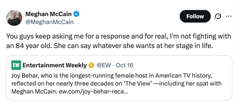 Meghan McCain fanned the flames of her never-ending feud with Joy Behar.