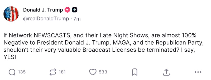 Donald Trump makes a threat to anti-MAGA TV coverage.