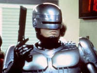 American actor Peter Weller on the set of RoboCop, directed by Paul Verhoeven.