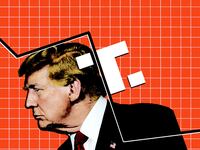 A photo illustration showing Donald Trump under chart showing the stock dropping for Truth Social.