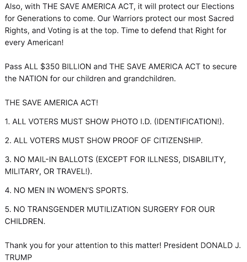 Screengrab of Trump's Truth Social post.