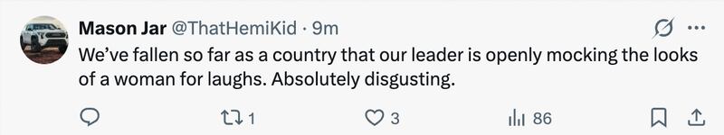 An X user reacts to Donald Trump's WHCD speech.