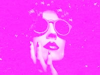 A photo illustration of a woman holding her face on pink background.