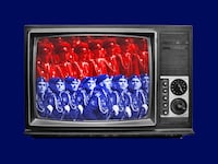 A photo composite of North Korean and Russian military parade marches in a television set.