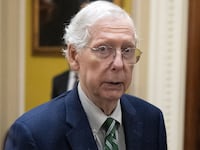 Then-Senate Minority Leader Mitch McConnell (R-KY) speaks to the press after voting on the continuing resolution passed by the House earlier in the day on Capitol Hill in Washington, DC on September 30, 2023. Last-ditch moves to prevent a government shutdown took a dramatic step forward September 30, 2023, as Democrats overwhelmingly backed an eleventh-hour Republican measure to keep federal funding going for 45 days, albeit with a freeze on aid to Ukraine.