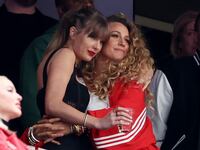 Rapper Ice Spice, Singer Taylor Swift and Actress Blake Lively hug prior to Super Bowl LVIII between the San Francisco 49ers and Kansas City Chiefs at Allegiant Stadium on February 11, 2024 in Las Vegas, Nevada.