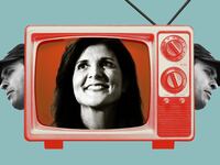 Photo illustration of Nikki Haley in an old tv with Vivek Ramaswamy coming out behind either side