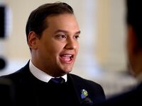 Rep. George Santos (R-NY) is interviewed by FOX News in the rotunda of the Cannon House Office Building before a vote to expel him from the House of Representatives on December 01, 2023 in Washington, DC.