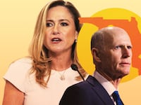 A photo illustration showing Rick Scott and Debbie Mucarsel-Powell.