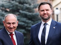 Armenia's Prime Minister Nikol Pashinyan shakes hands with U.S. Vice President JD Vance as the two meet to sign a nuclear agreement.