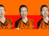 Photo illustration of three portraits of Sam Haskell on a red and orange background.