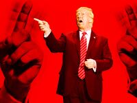 A photo illustration of former President Donald Trump and wagging fingers.