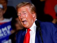 Donald Trump speaks on stage during a campaign rally.