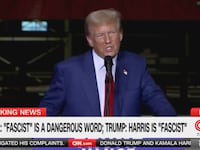 Donald Trump is seen speaking before a microphone at a campaign event last month.