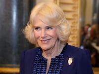 Queen Camilla at a reception for the BBC's 500 Words Finalists at Buckingham Palace on Feb. 28, 2024 in London, Britain.