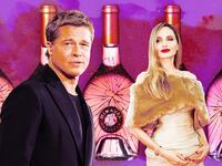 A photo illustration of Brad Pitt, Angelina Jolie, and broken Miraval wine.