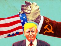 A photo illustration of President Donald Trump, and two arms grasping fists wearing a USA and USSR Soviet flag sleeve.