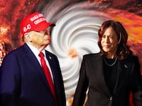 A photo illustration of Donald Trump, Kamala Harris, and a hurricane over America.