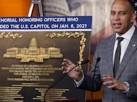 House Minority Leader Hakeem Jeffries (D-NY) talks to reporters during his weekly news conference at the U.S. Capitol Visitors Center on May 16, 2024.