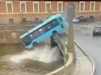 Screenshot of the video of the 262 bus plunging off bridge into Molka River, St. Petersburg, Russia, May 10, 2024.