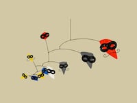 Illustration of a modified Alexander Calder mobile with robber eye masks and evil mustaches illustrated on top.