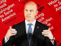 A photo illustration of President of the Heritage Foundation Kevin Roberts and his book Dawn's Early Light.
