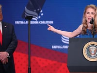 WASHINGTON, DC - JUNE 26: Cancer activist Natalie Harp speaks after being called on stage by U.S. President Donald Trump during the Faith & Freedom Coalition 2019 Road To Majority Policy Conference at the Marriott Wardman Park Hotel, on June 26, 2019 in Washington, DC. (Photo by Mark Wilson/Getty Images)
