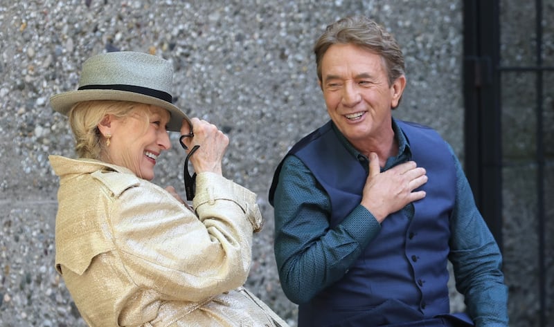 NEW YORK, NY - MAY 07: Meryl Streep and Martin Short are seen on the set of "Only Murders in the Building" on May 07, 2025 in the Queens borough of New York City. (Photo by Jose Perez/Bauer-Griffin/GC Images)